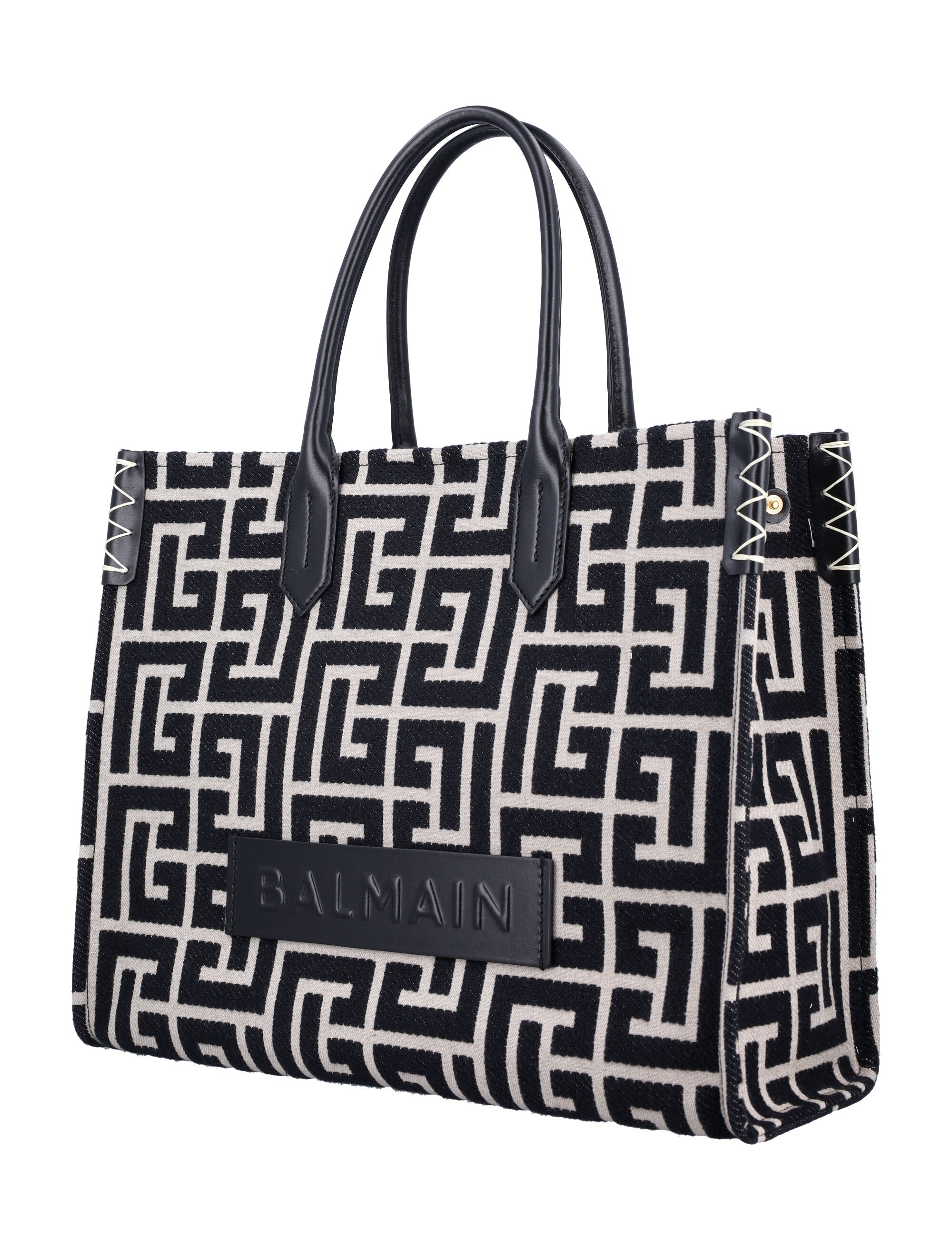 BALMAIN B-Army 42 Monogram Jacquard and Leather Tote Handbag