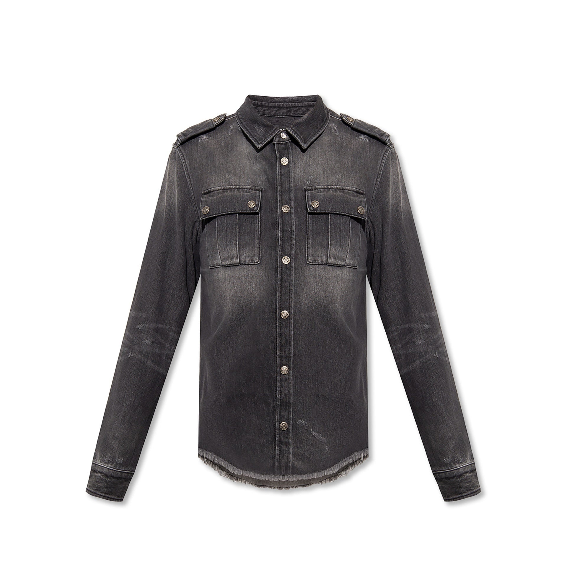 BALMAIN Cotton Denim Shirt with Fringe Finish for Men