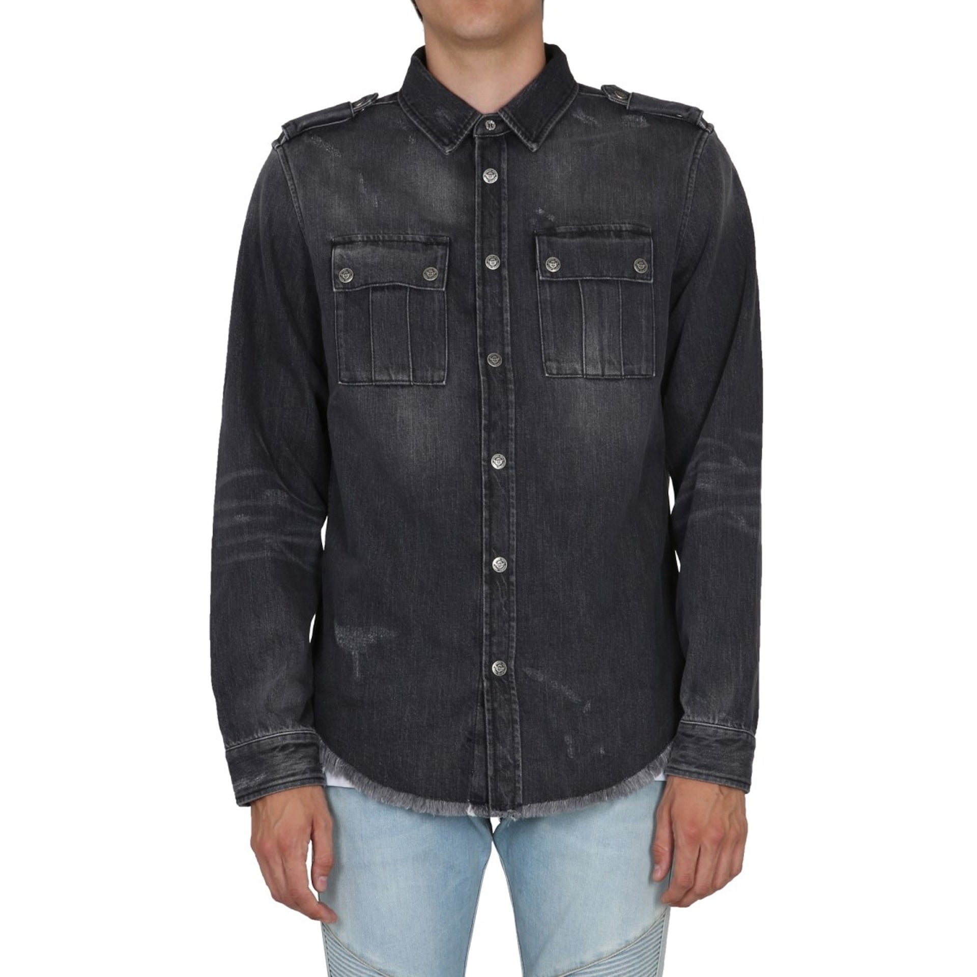 BALMAIN Cotton Denim Shirt with Fringe Finish for Men