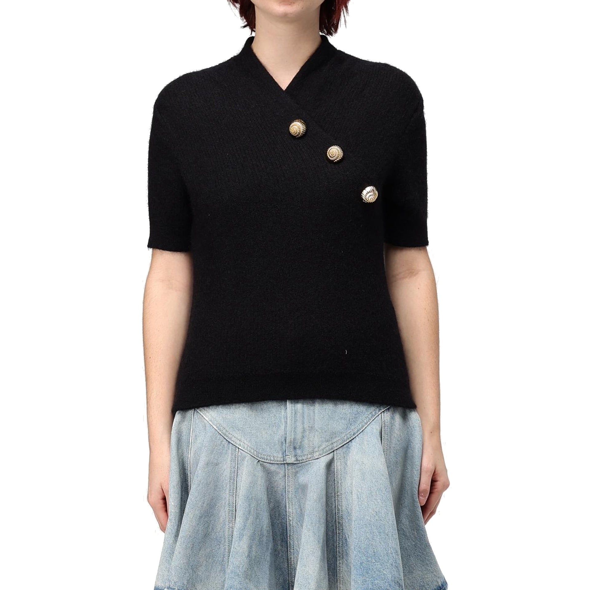 BALMAIN Chic Wool Blend Top with V-Neckline and Button Details