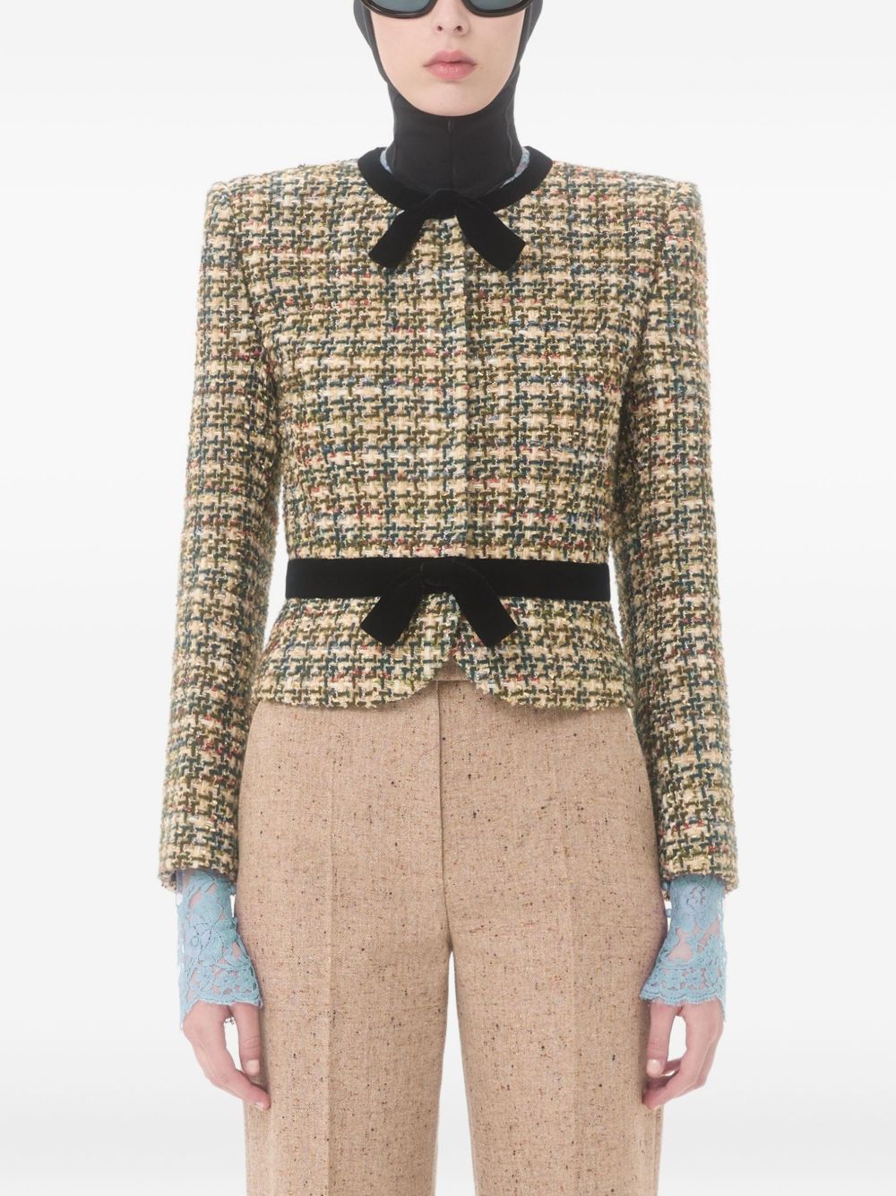 VALENTINO Women's Tweed Jacket with Velvet Bow and Jewel-Embellished Button