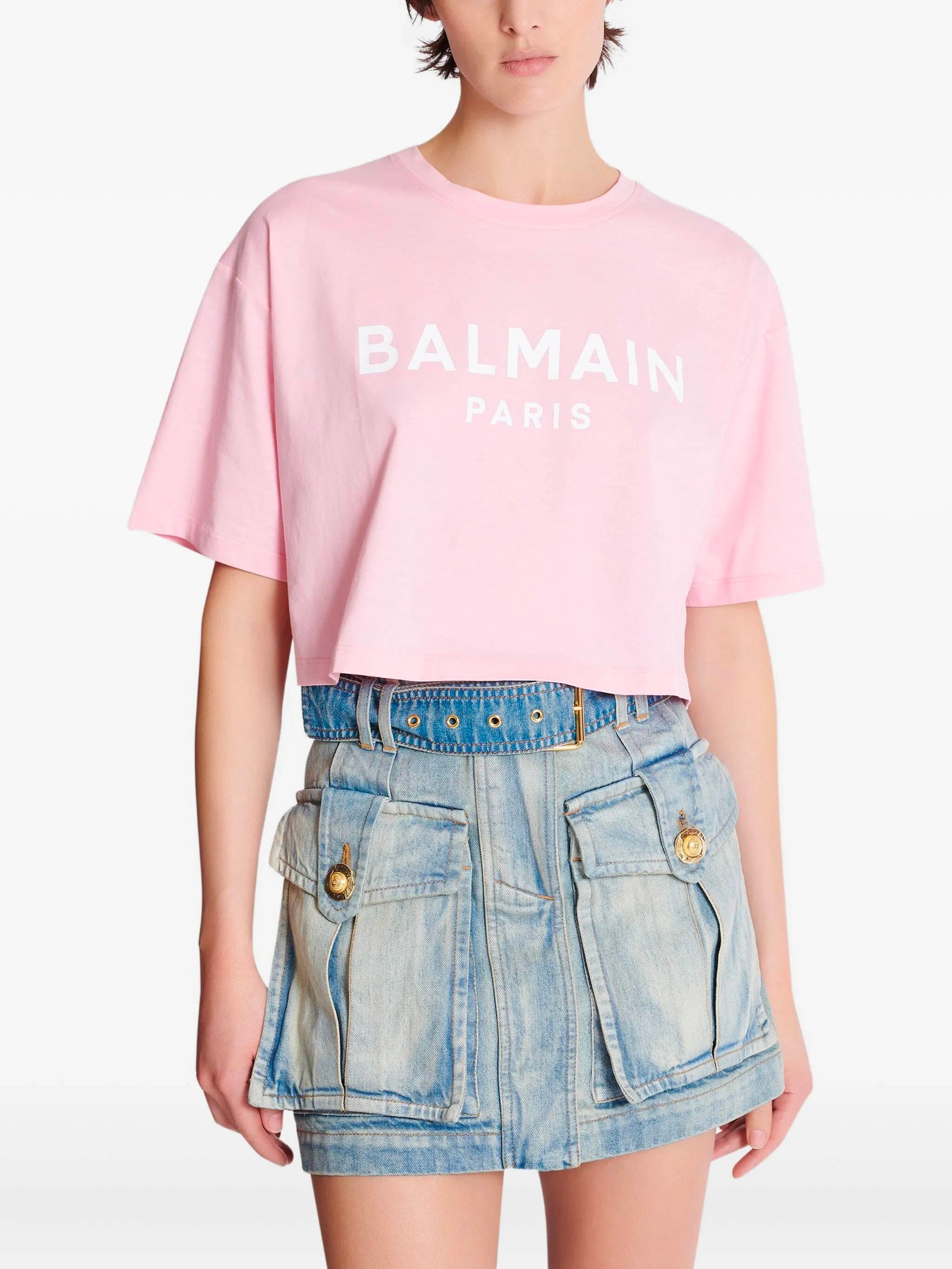 BALMAIN Cropped T-Shirt with Paris Logo Print - Size S