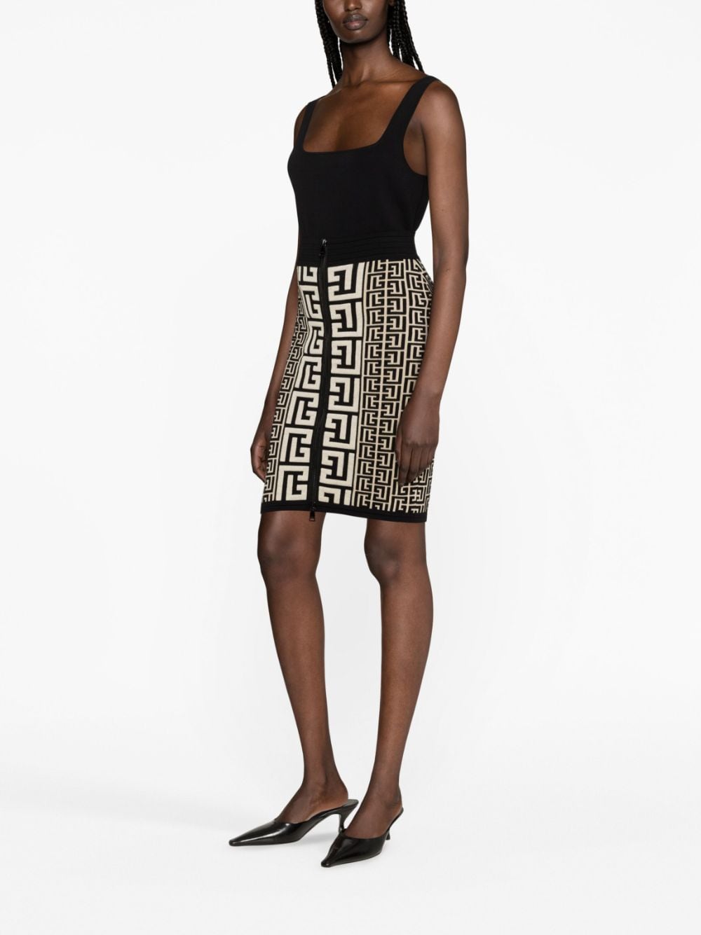 BALMAIN High-Waist Monogram Knit Skirt
