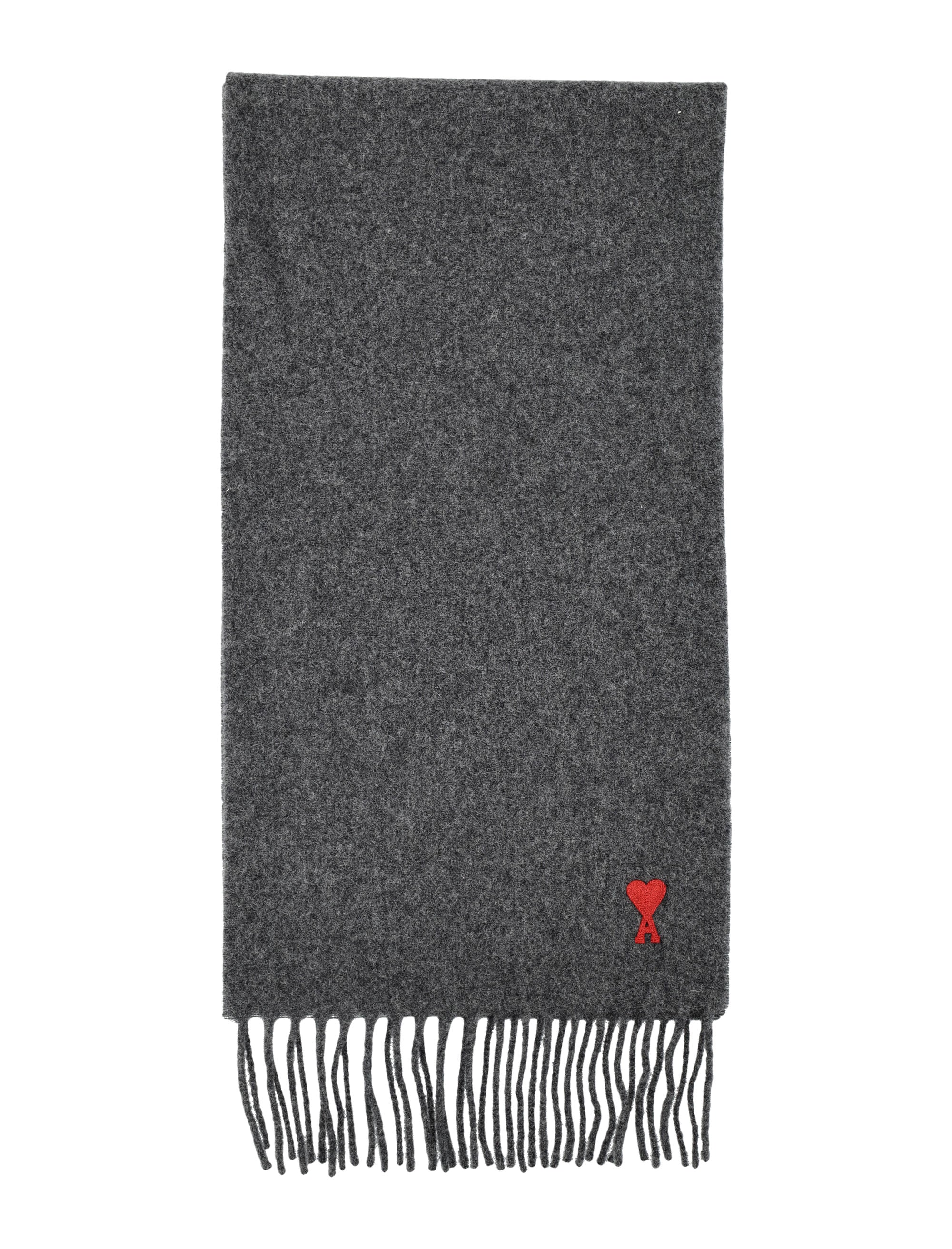 AMI PARIS Wool Scarf with Embroidered Design and Fringed Edges
