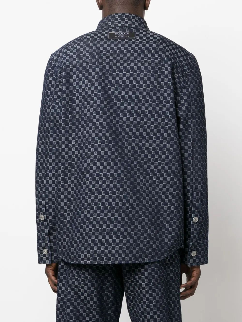 BALMAIN Monogram Jacquard Curved Hem Denim Shirt