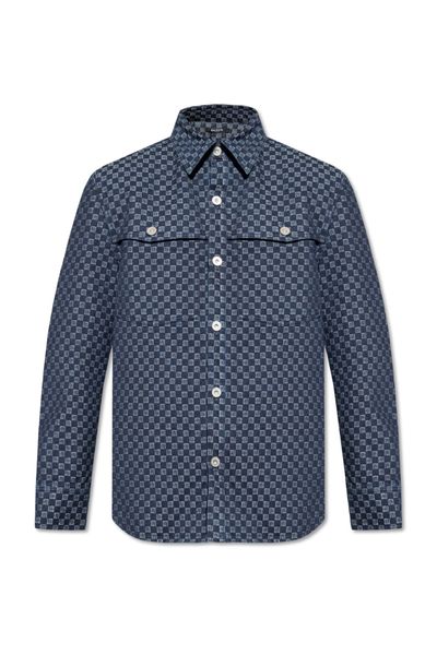 BALMAIN Monogram Jacquard Curved Hem Denim Shirt