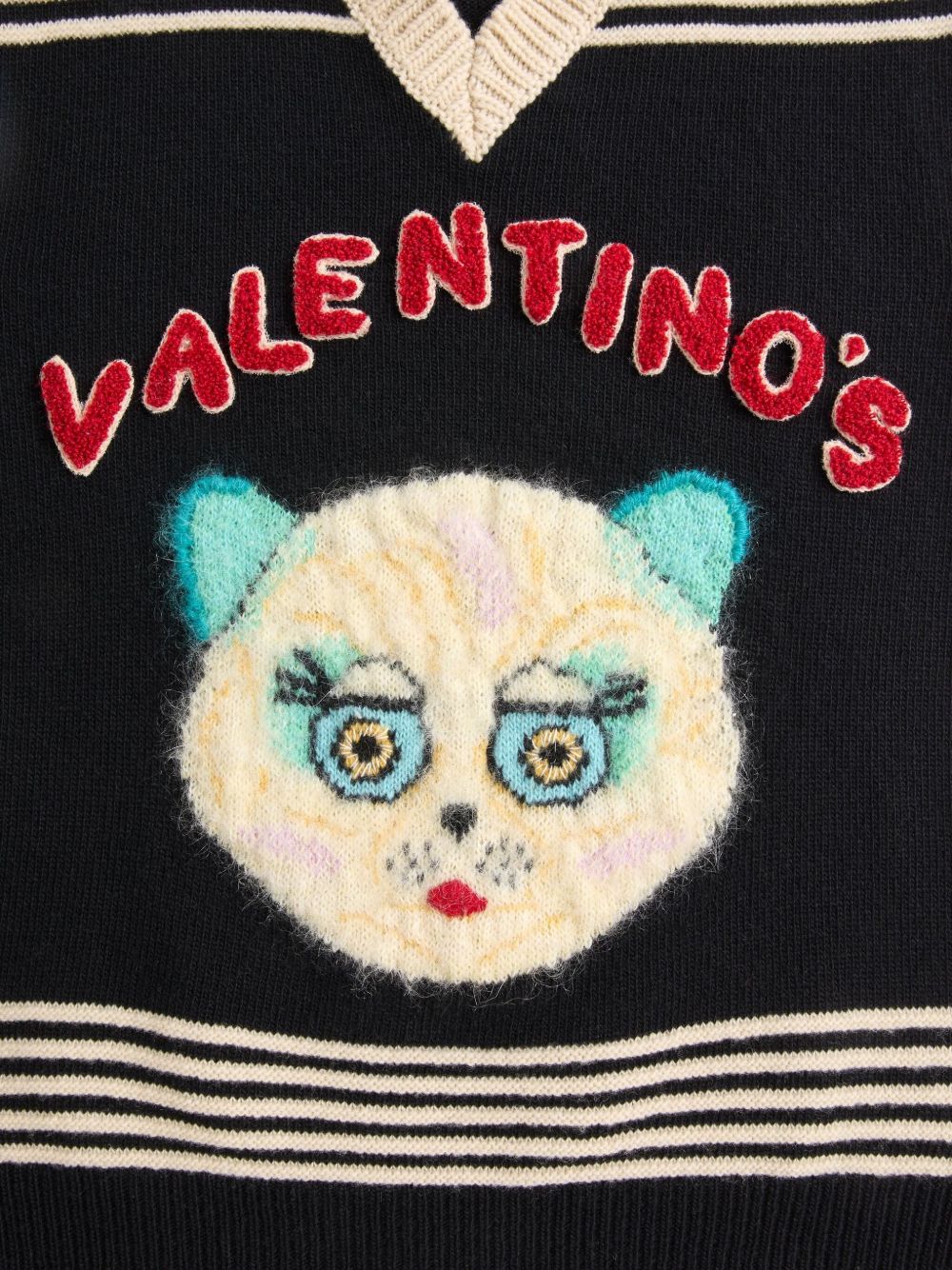 VALENTINO Cat Motif V-Neck Striped Wool Vest