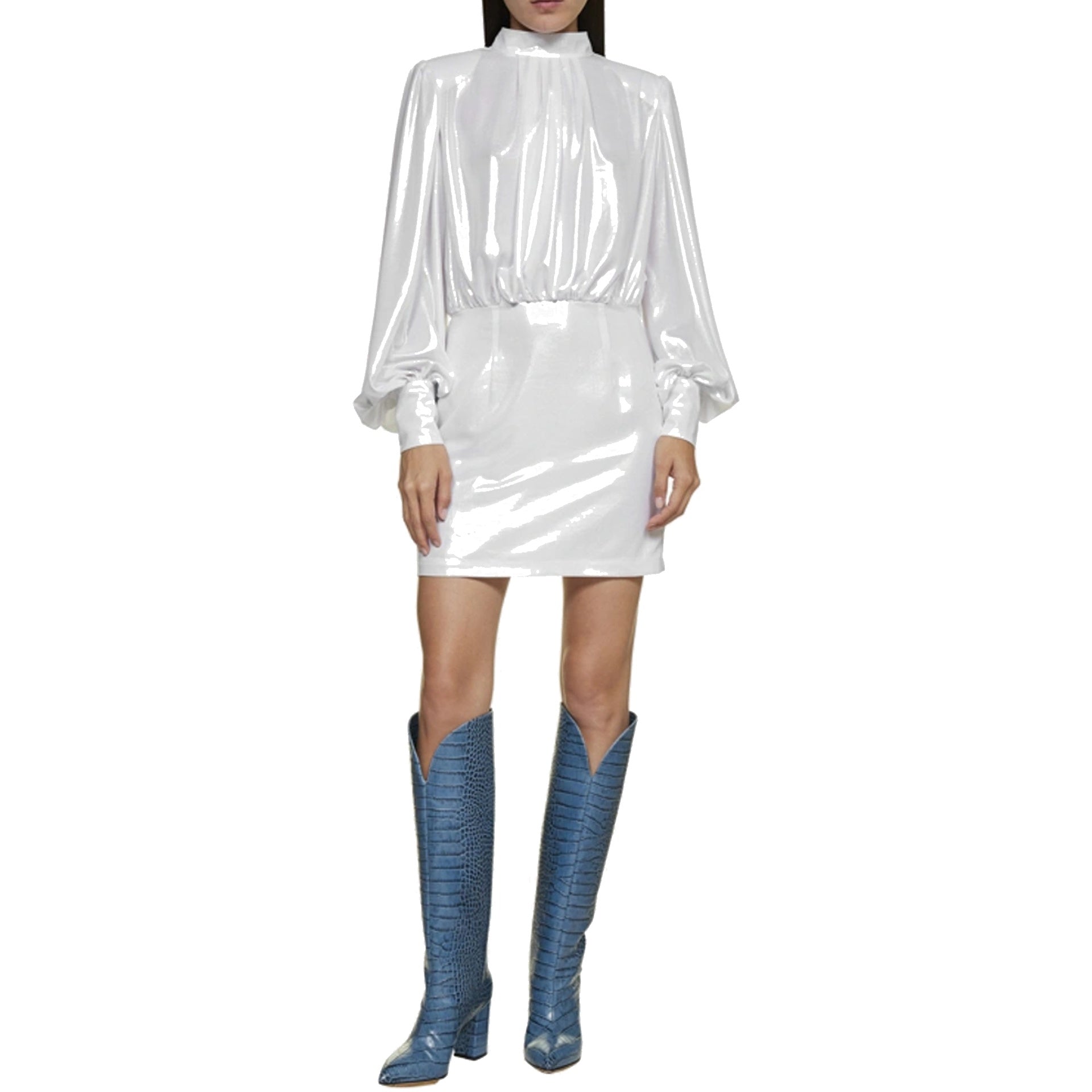 BLANCA VITA Elegant Puff Sleeve Laminated Mini Dress