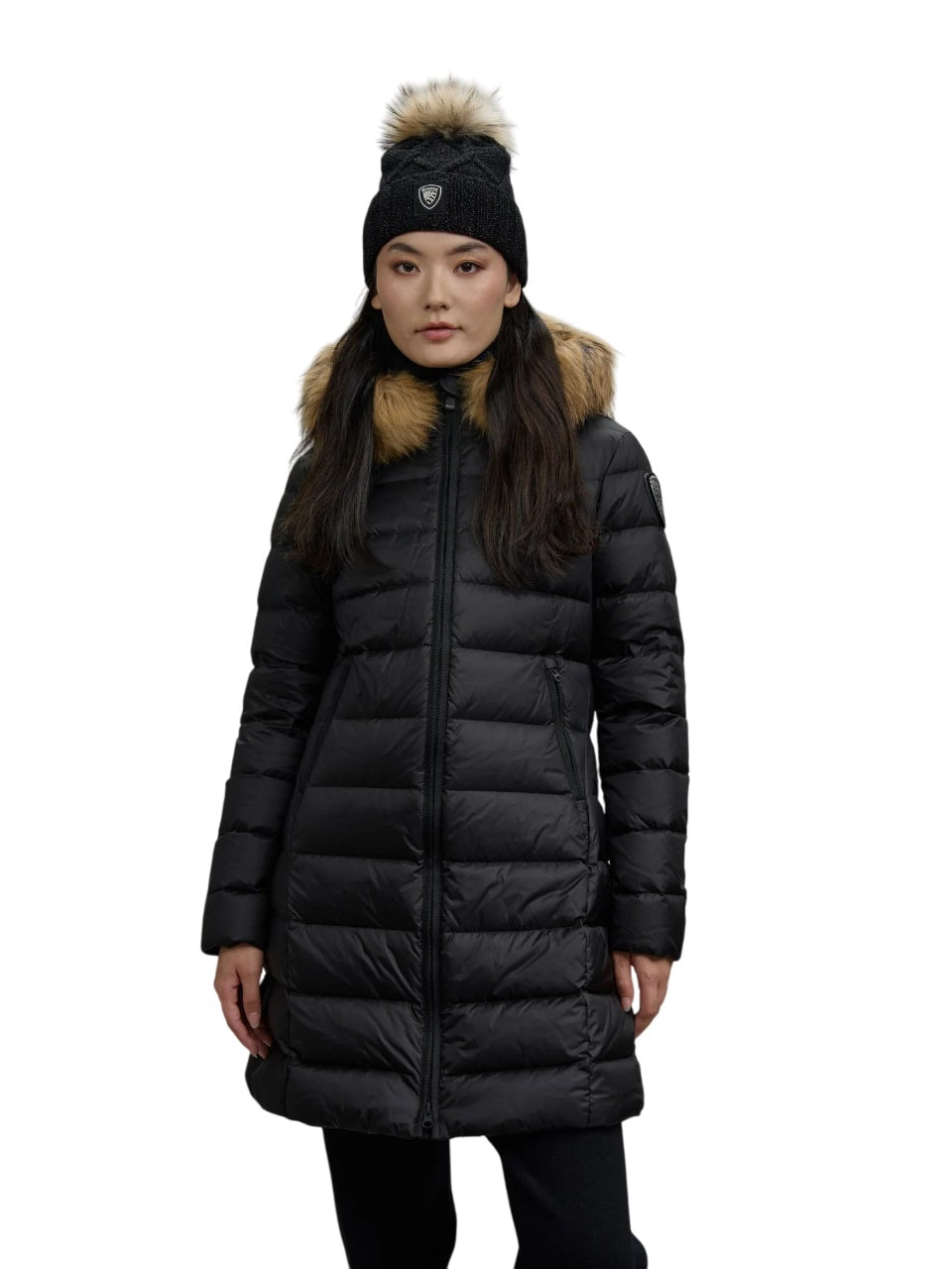 BLAUER Long Shiny Quilted Jacket with Removable Fur Trim