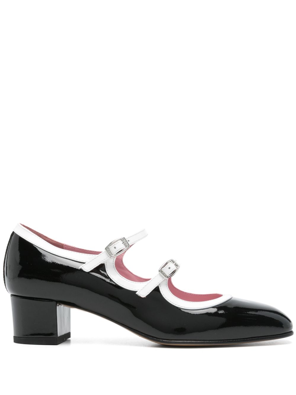 CAREL PARIS Patent Leather Pumps with Double Buckle Fastening - Low Block Heel