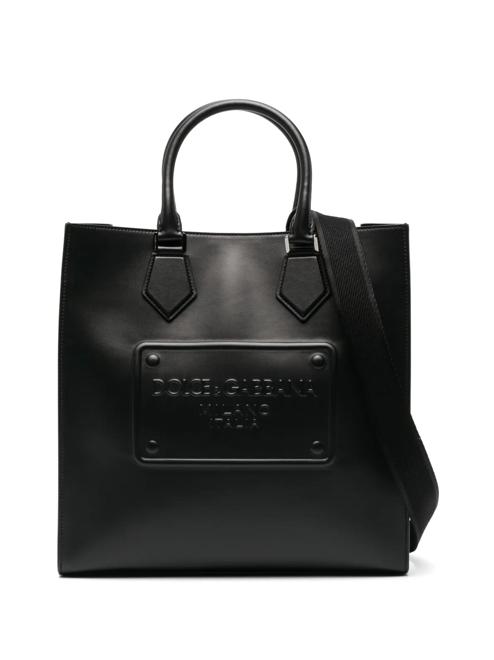 DOLCE & GABBANA Leather Shopping Handbag with Logo and Shoulder Strap