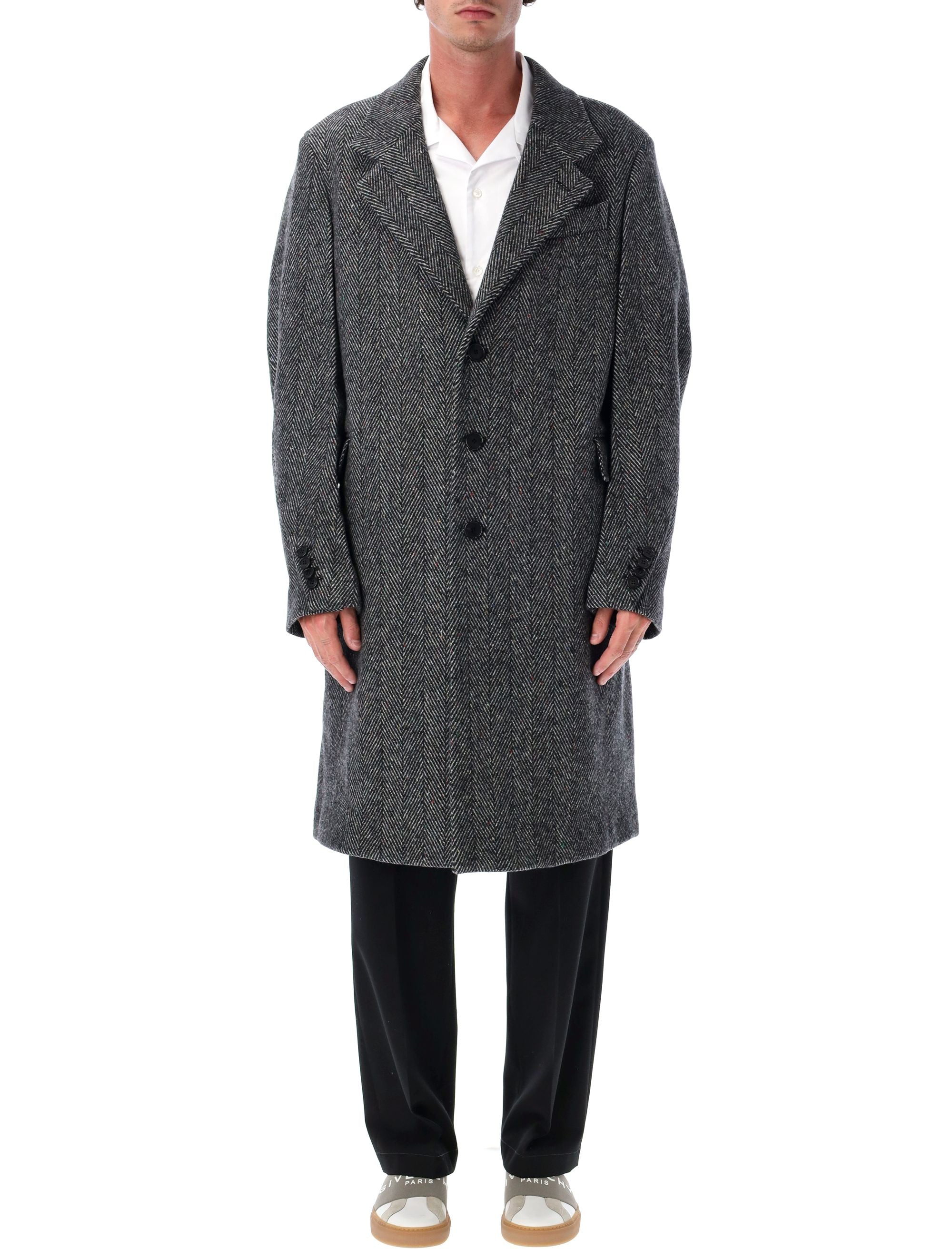 GIVENCHY Grey Herringbone Wool Overcoat - Size 48