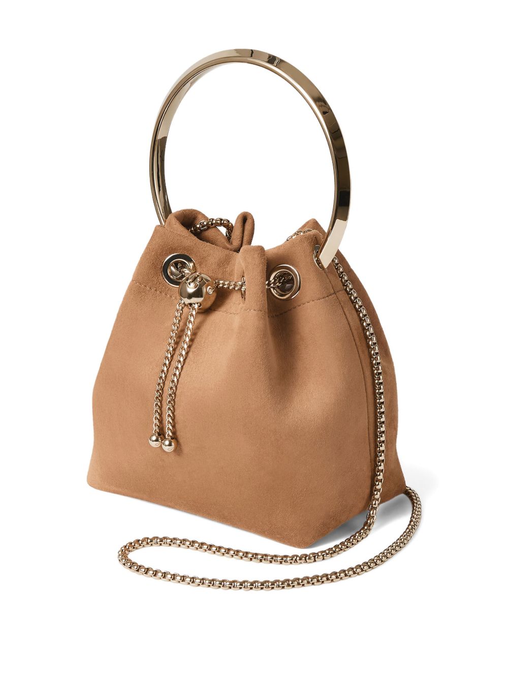 JIMMY CHOO Leather Bucket Handbag with Drawstring and Chain-Linked Strap