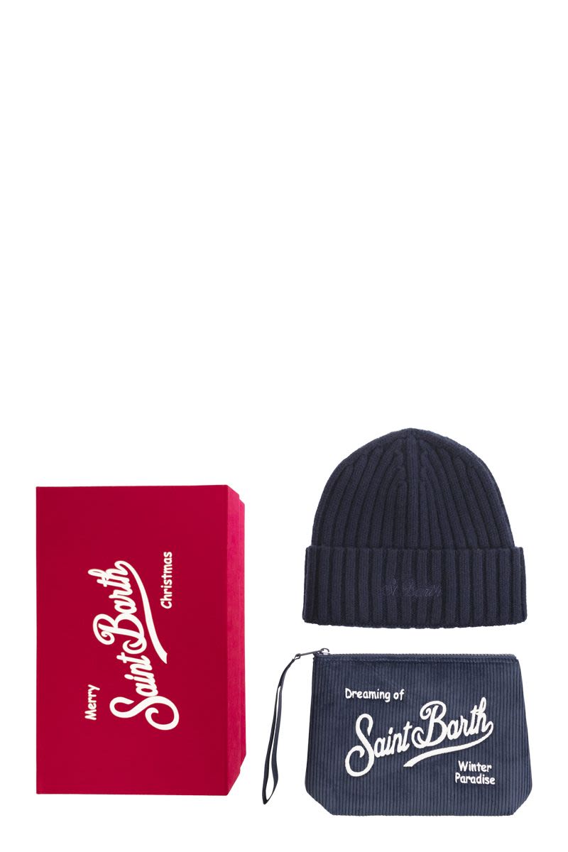 MC2 SAINT BARTH Merry Christmas Gift Box with Beanie and Corduroy Clutch Handbag - W 22.5 x H 16.5 CM