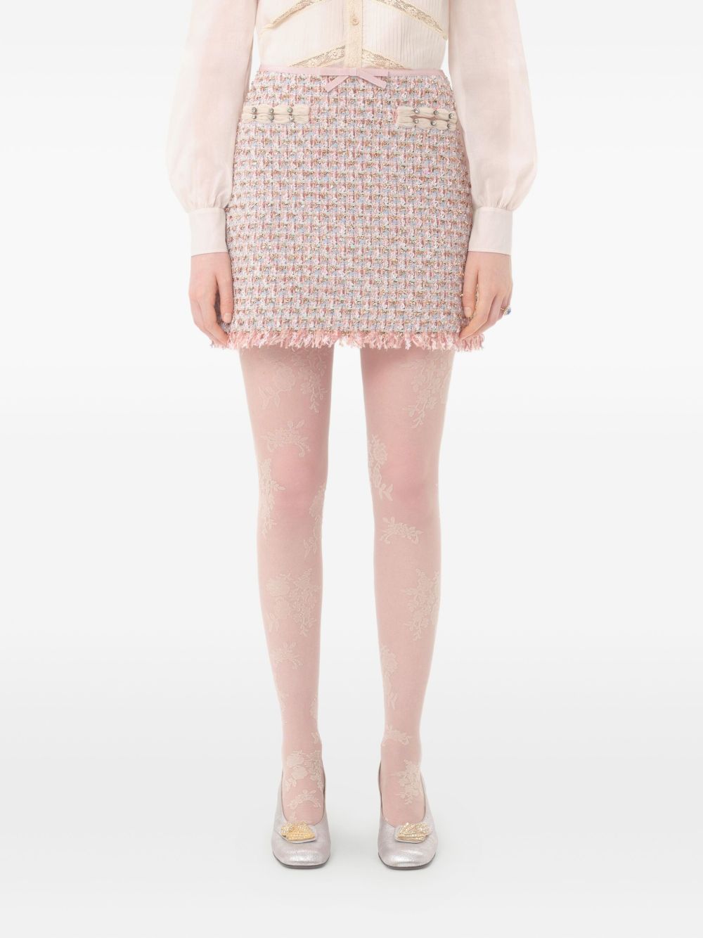 VALENTINO High-Waisted Rhinestone Embellished Tweed Skirt