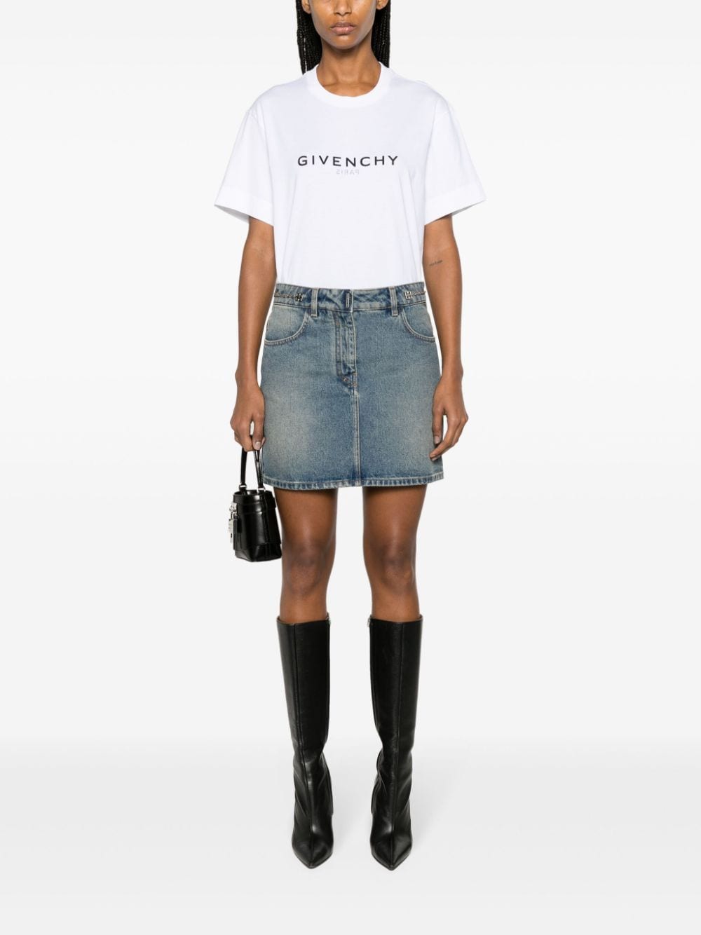 GIVENCHY Womens Mini Denim Skirt with Chain-Link Detailing