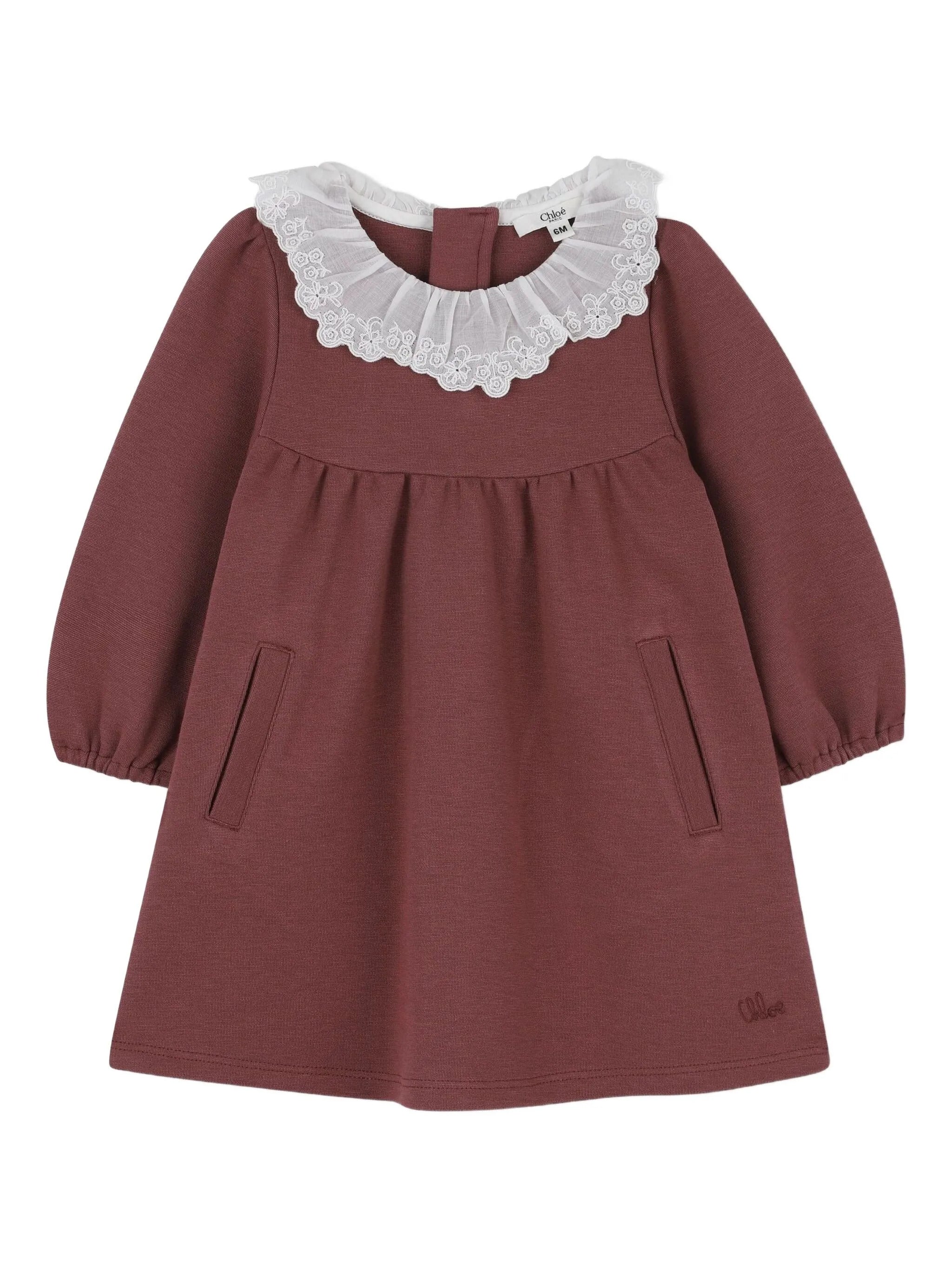 CHLOÉ Ruffled Long-Sleeve Dress with Lace Collar for Girls