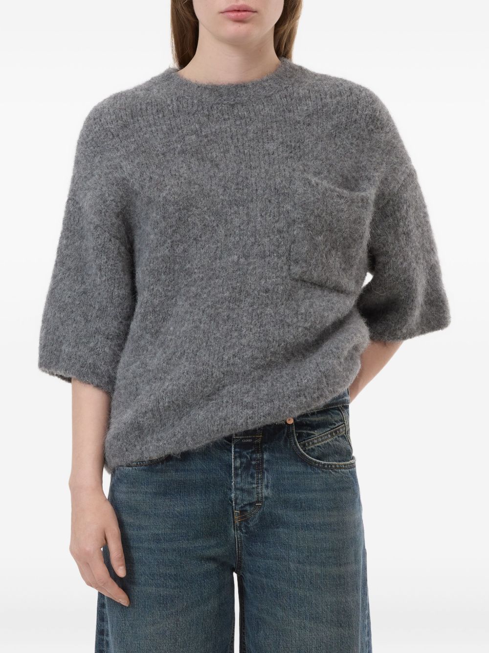 CLOSED Wool Crewneck Sweater with Patch Pocket - Short Sleeve