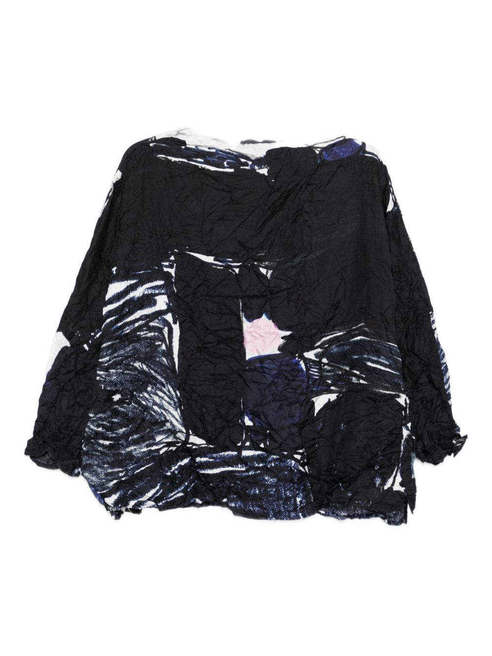 DANIELA GREGIS Abstract Print Boat Neck Crinkled Silk Blouse
