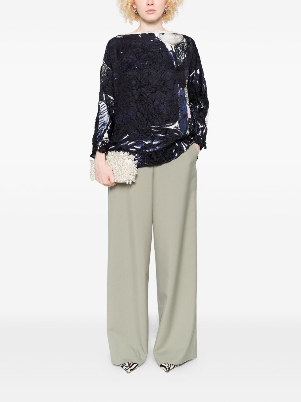 DANIELA GREGIS Abstract Print Boat Neck Crinkled Silk Blouse