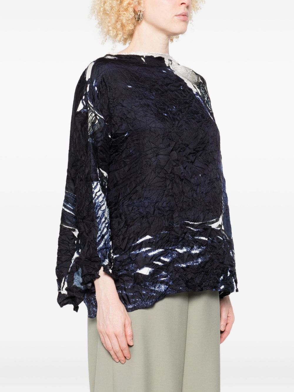 DANIELA GREGIS Abstract Print Boat Neck Crinkled Silk Blouse