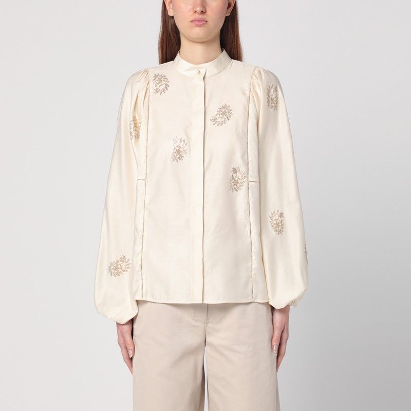 MAX MARA Ivory Cotton Satin Shirt with Embroidered Details