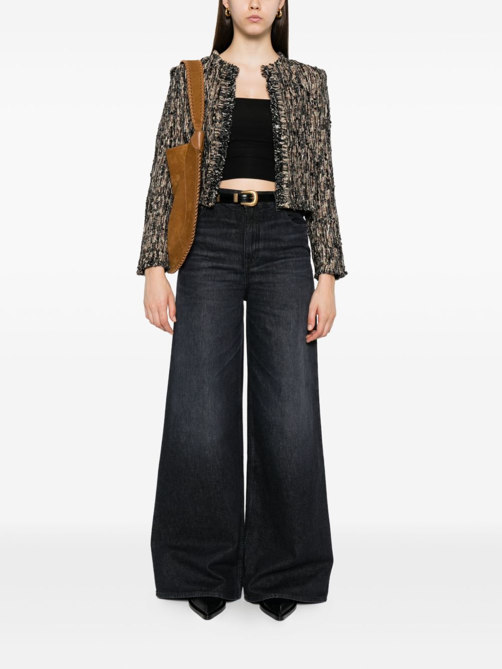 IRO Fringed Hem Cropped Long Sleeve Tweed Jacket