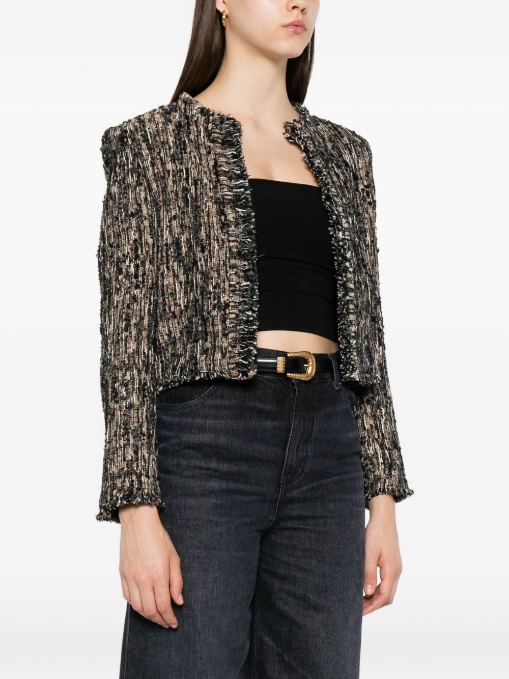 IRO Fringed Hem Cropped Long Sleeve Tweed Jacket