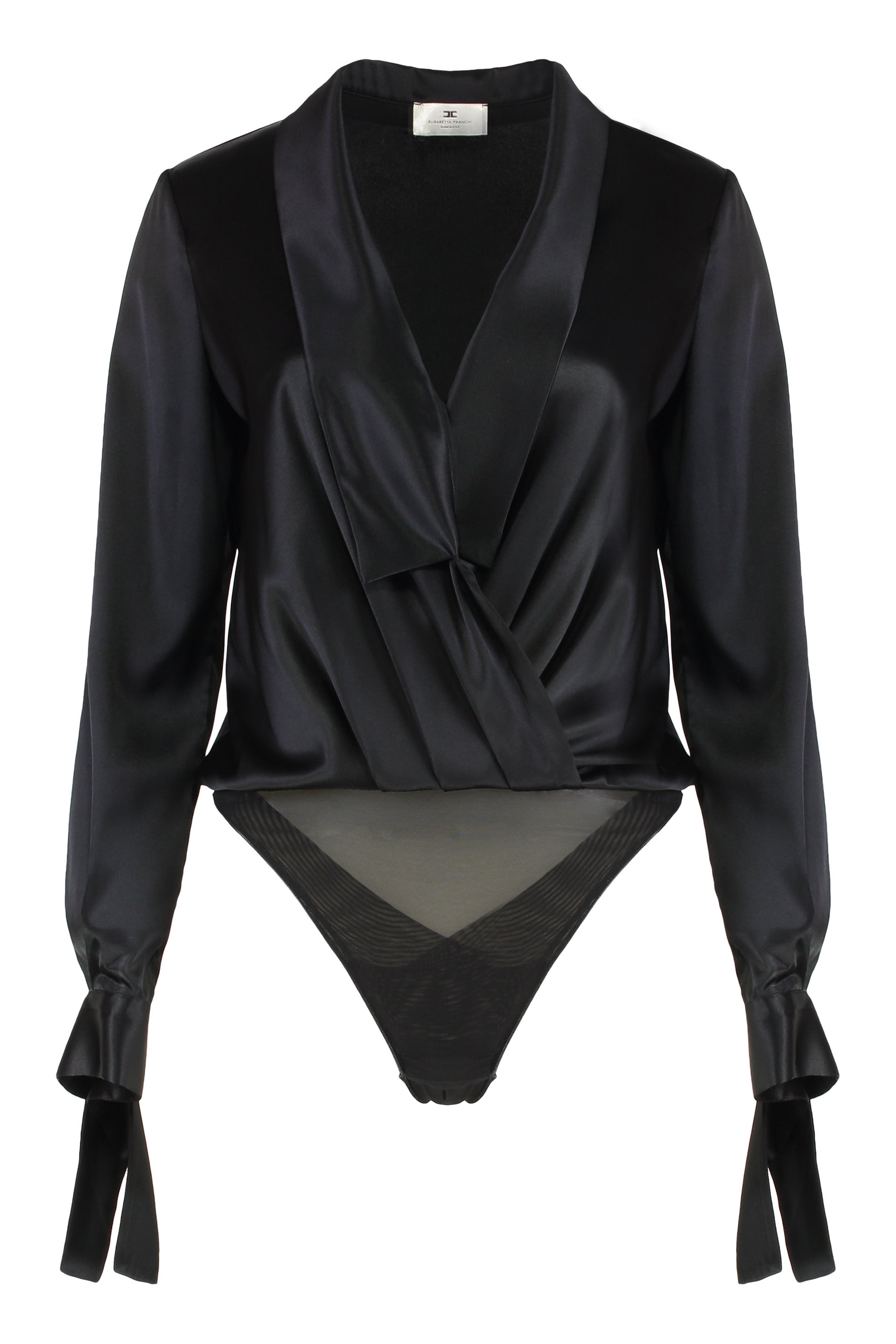 ELISABETTA FRANCHI Satin Bodice Top with Scarf Collar and Padded Shoulders