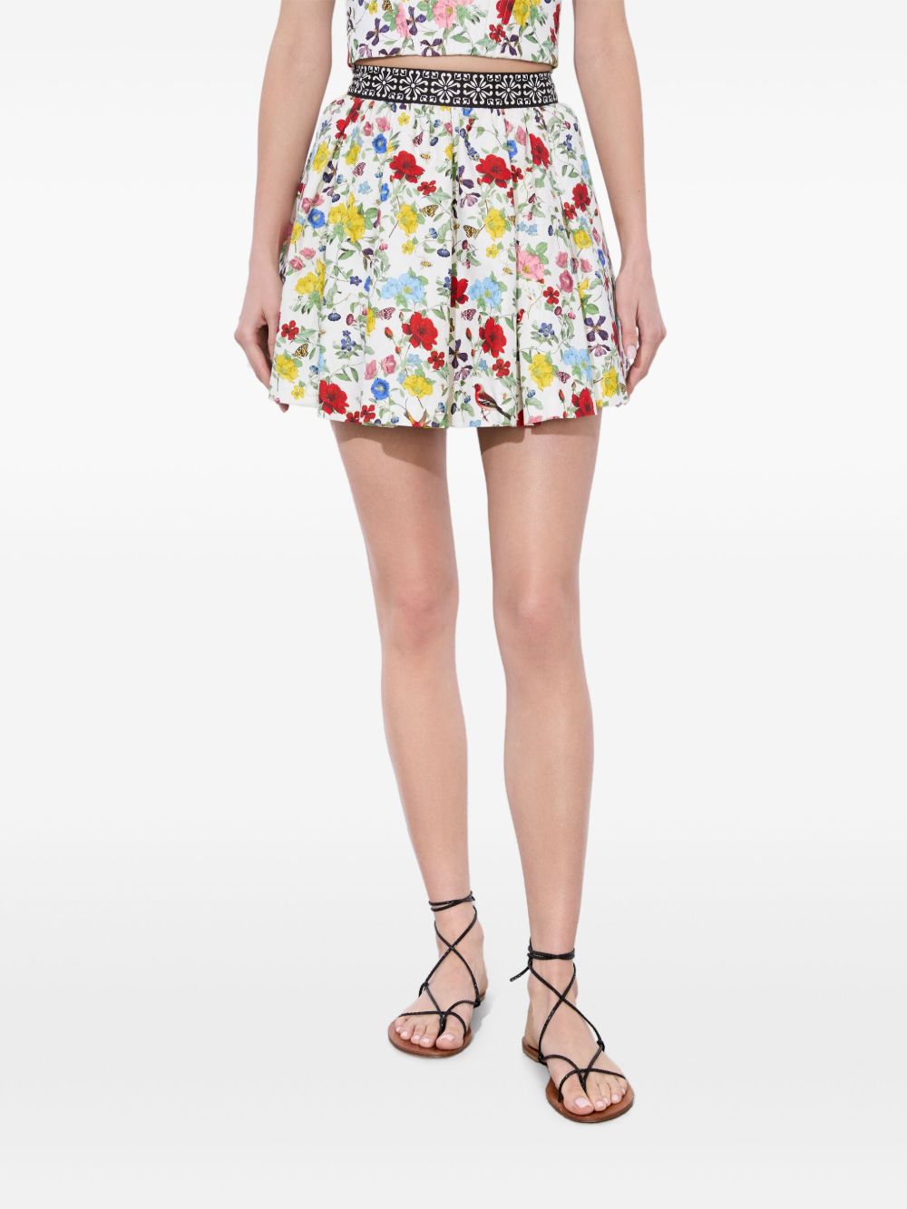 ALICE + OLIVIA Floral Print Mini Skirt with Exposed Zip and Side Pockets
