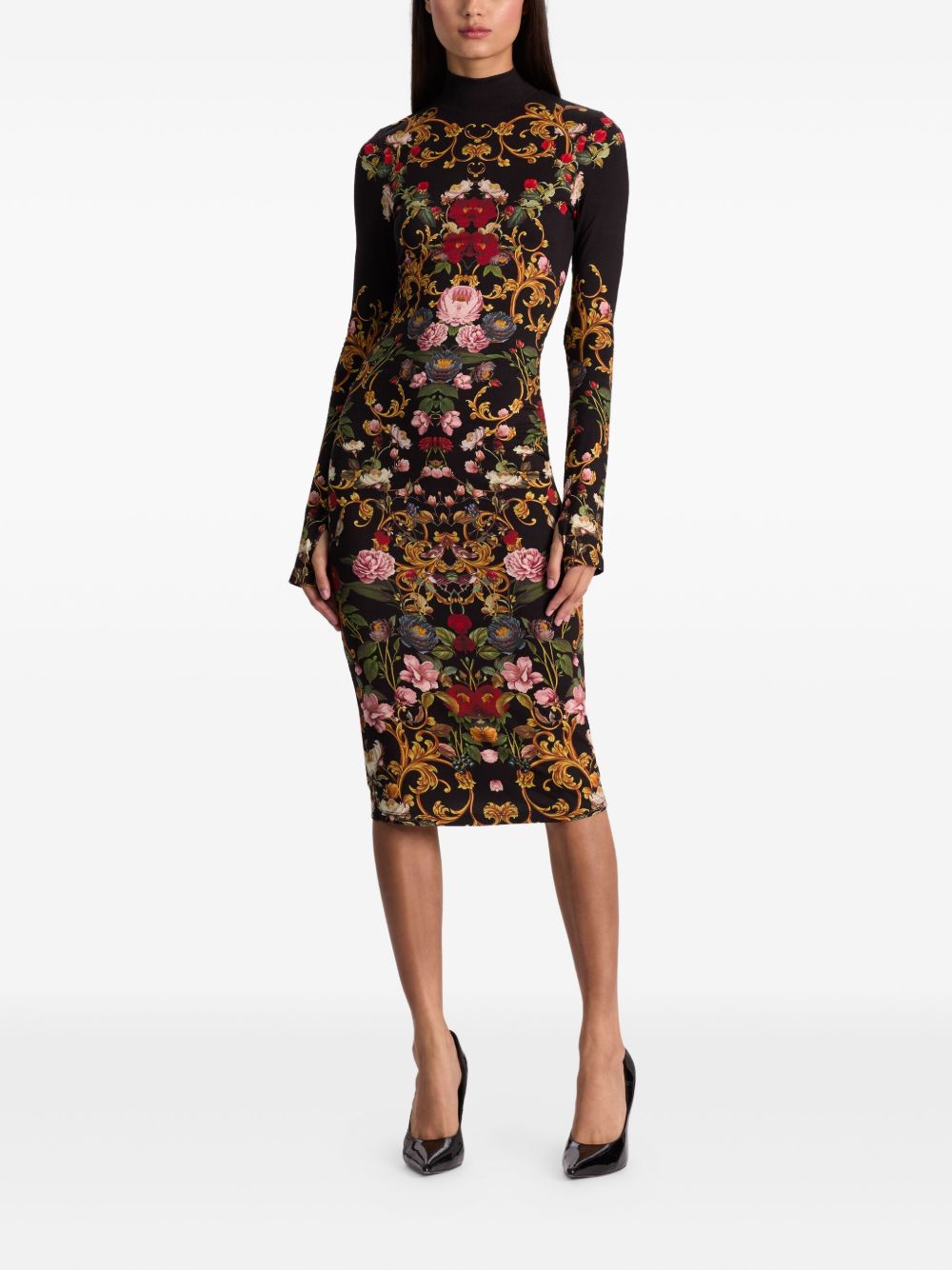 ALICE + OLIVIA Floral Print Long Sleeve Turtleneck Midi Dress
