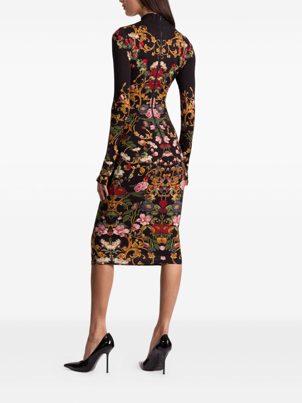 ALICE + OLIVIA Floral Print Long Sleeve Turtleneck Midi Dress