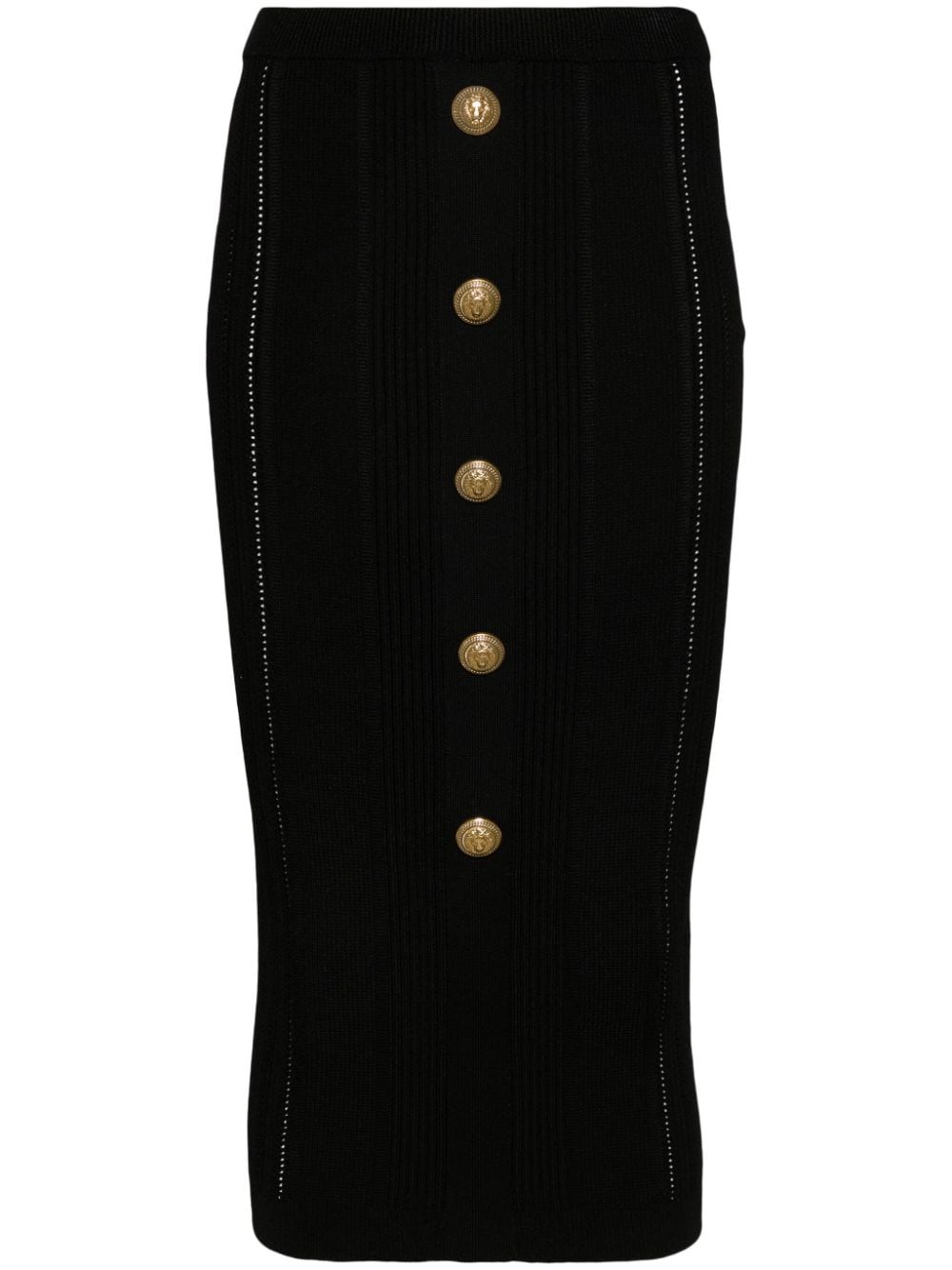 BALMAIN High Waist Five Button See Through Knit Midi Skirt