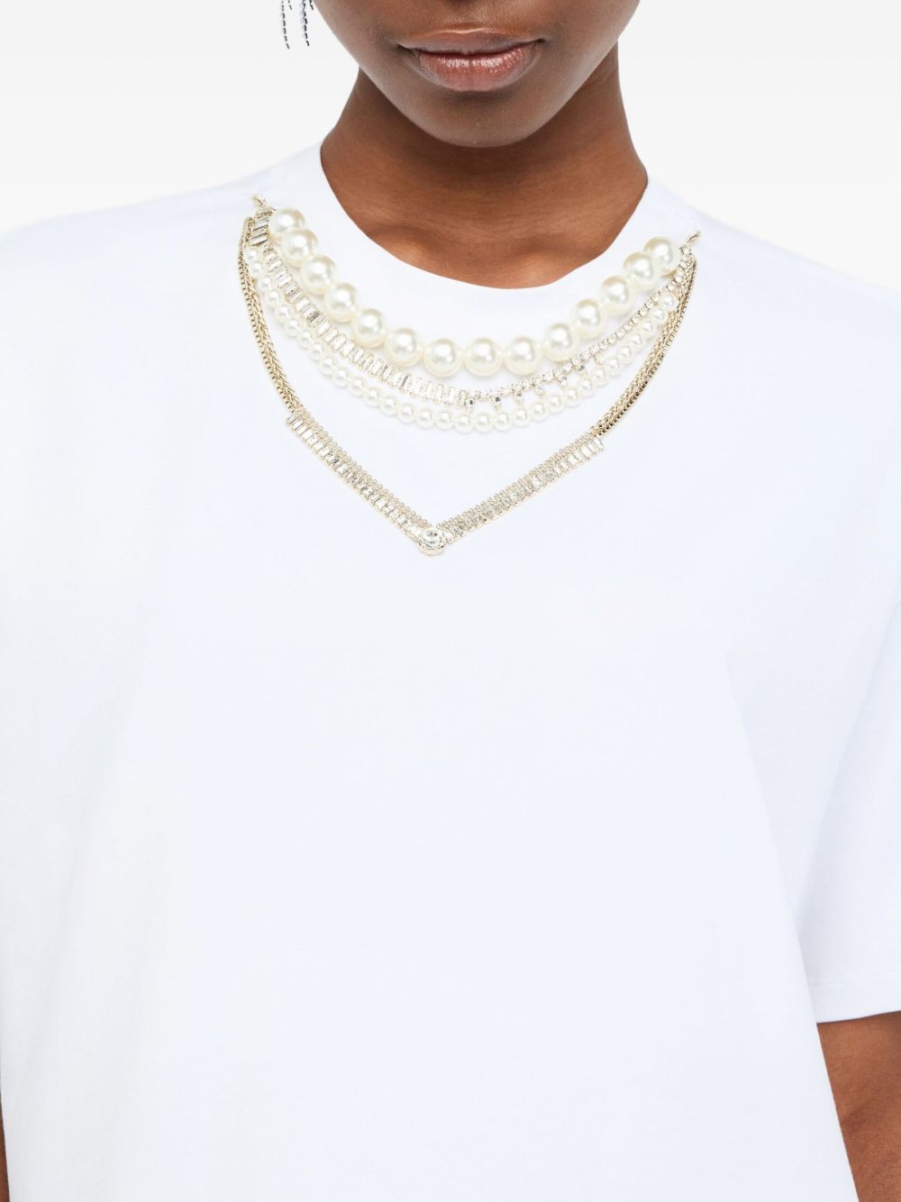 LIU JO Faux Pearl Rhinestone Top - Women's Crew Neck, Short Sleeves