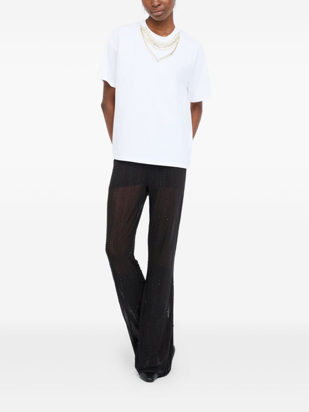 LIU JO Faux Pearl Rhinestone Top - Women's Crew Neck, Short Sleeves