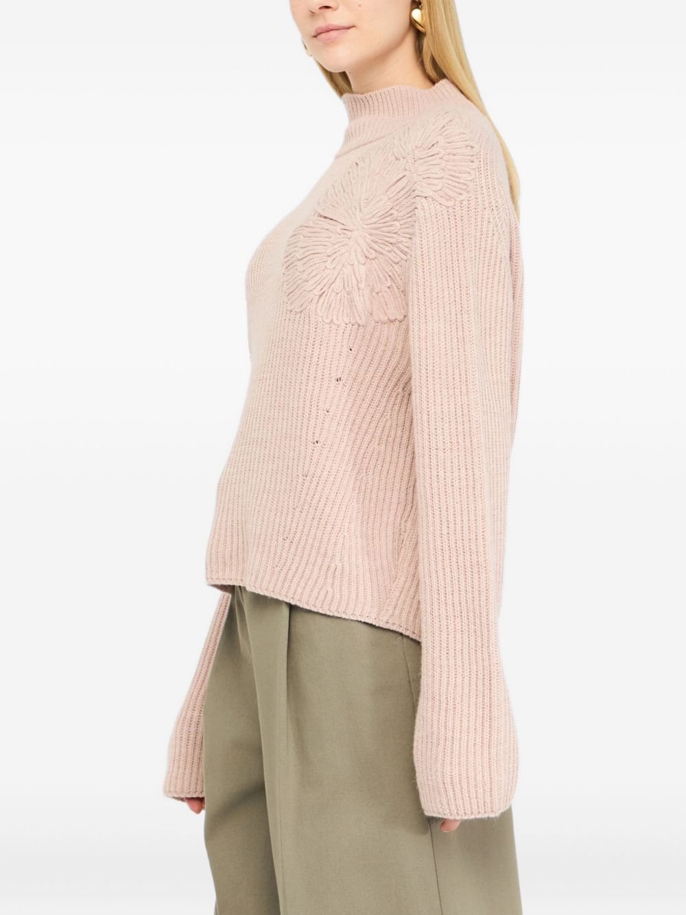 LIU JO Ribbed Knit High Neck Long Sleeve Top with Flower Embellishment