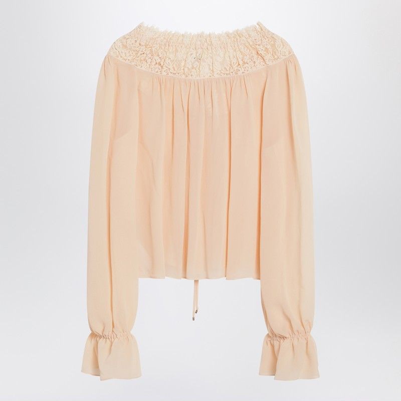 CHLOÉ Silk Georgette Blouse with Tie and Ruffled Lace Collar - Size 6