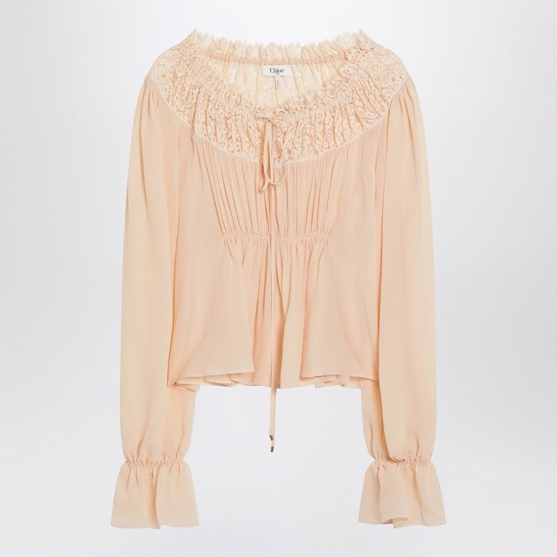 CHLOÉ Silk Georgette Blouse with Tie and Ruffled Lace Collar - Size 6