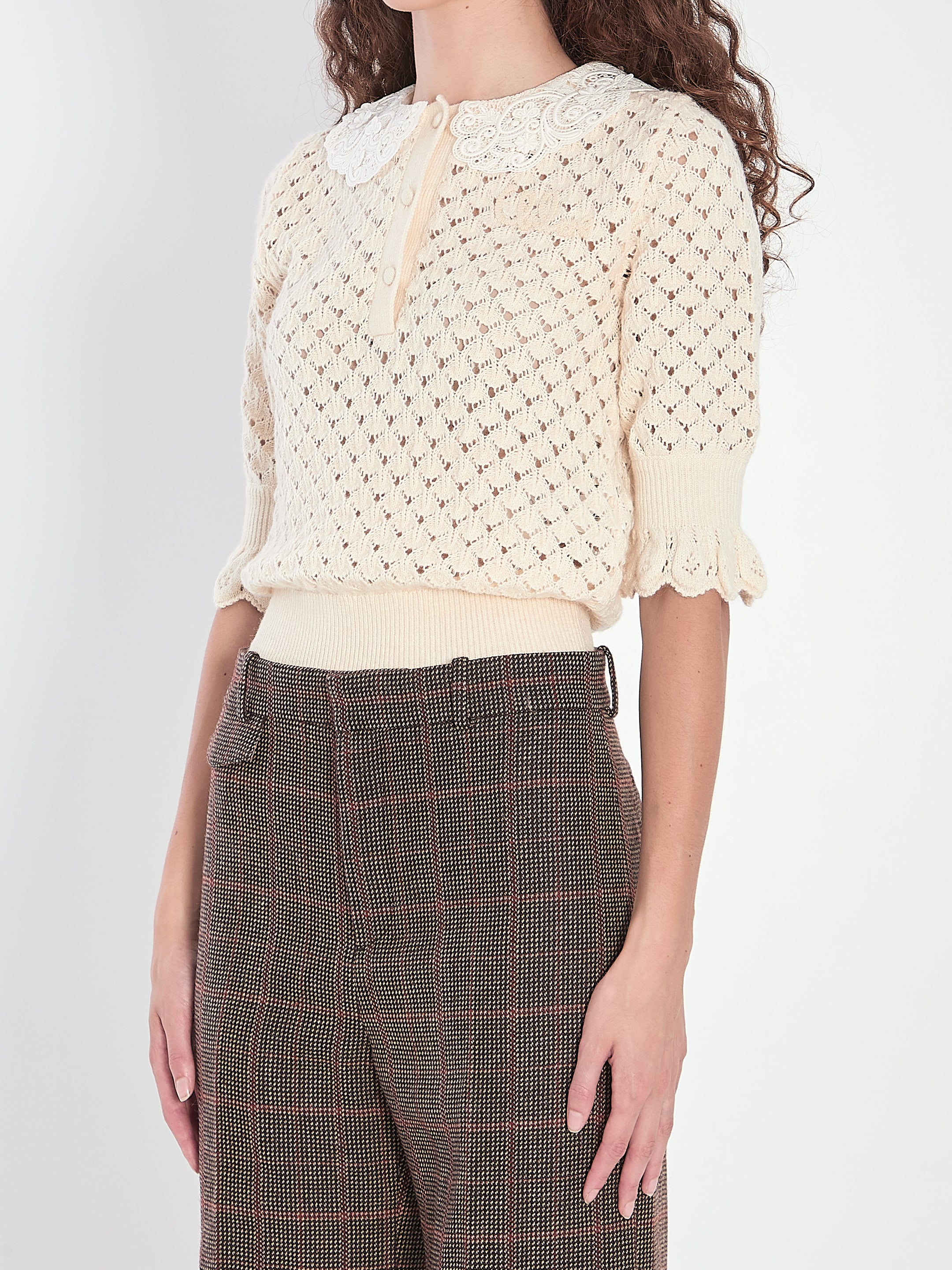 CHLOÉ Open-Knit Sweater with Lace Collar