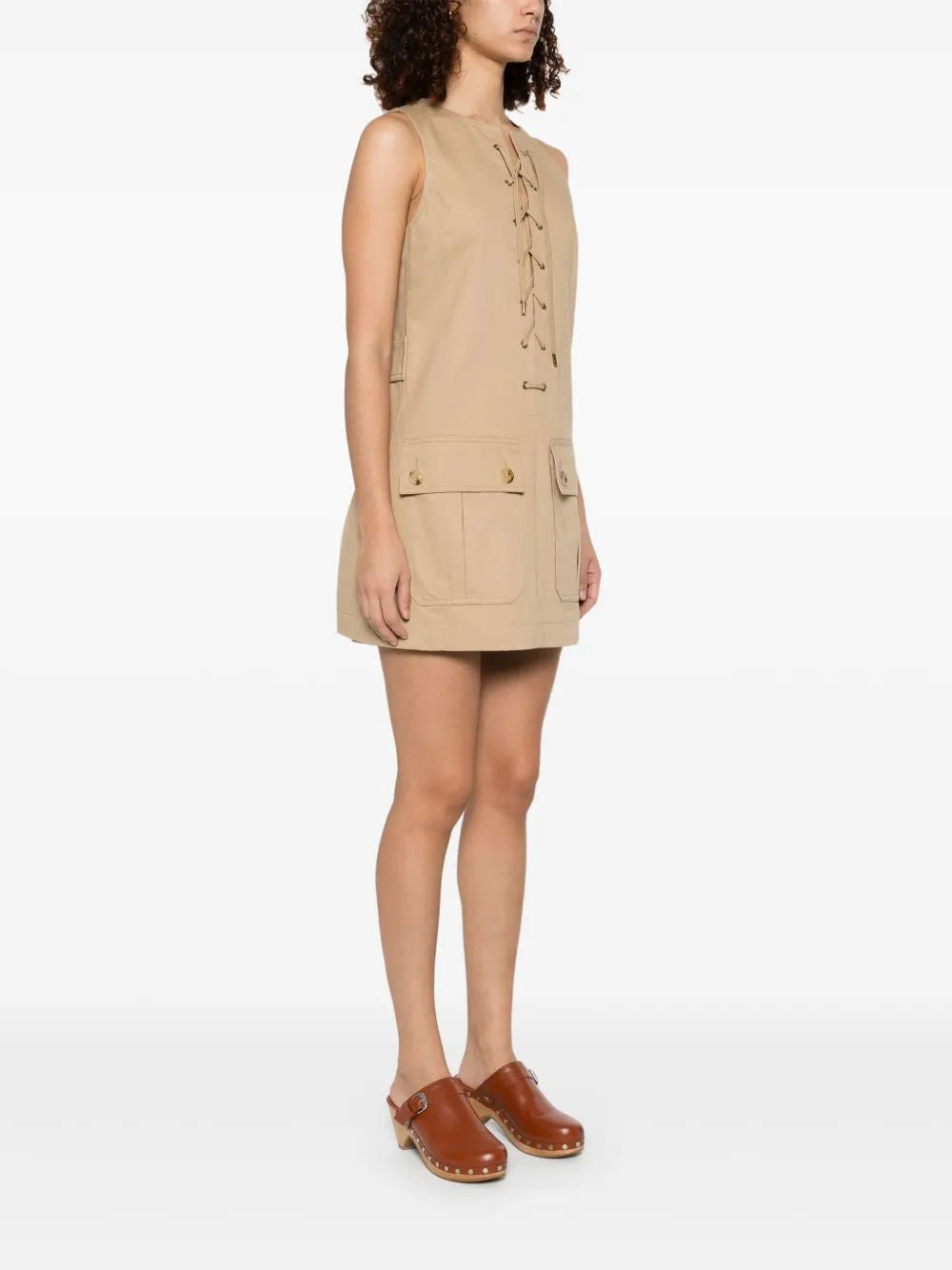 CHLOÉ Cotton Satin Mini Dress with Front Laces and Double Slit