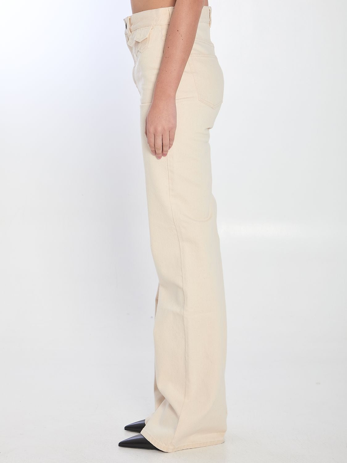 CHLOÉ High Waist Mini Flap Pocket Flared Denim Trousers