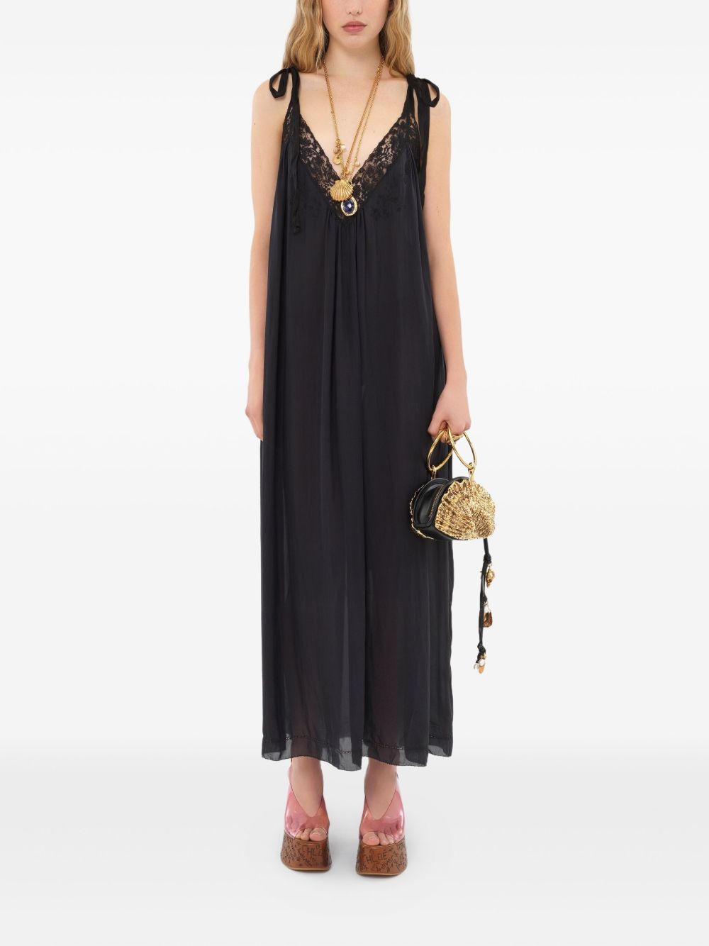 CHLOÉ Silk and Lace Long Dress with Tie Straps - Women’s Fashion