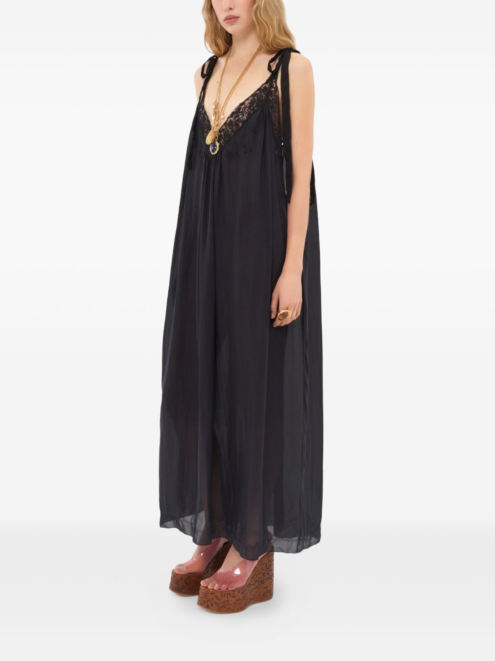CHLOÉ Silk and Lace Long Dress with Tie Straps - Women’s Fashion