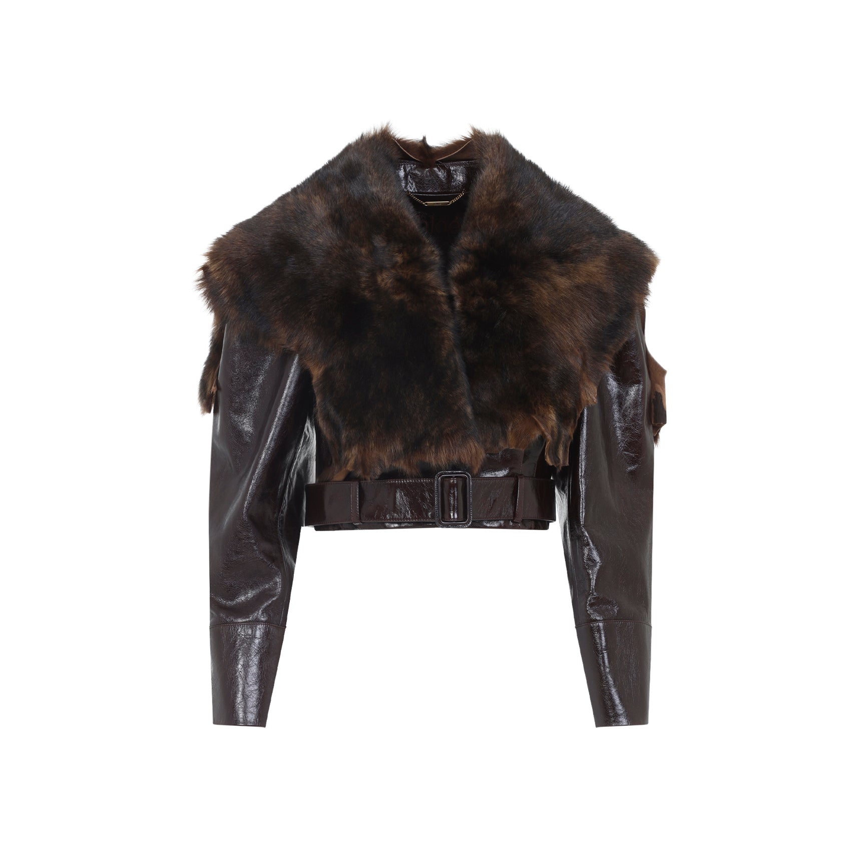 CHLOÉ Oversized Cropped Leather Jacket with Removable Fur Collar