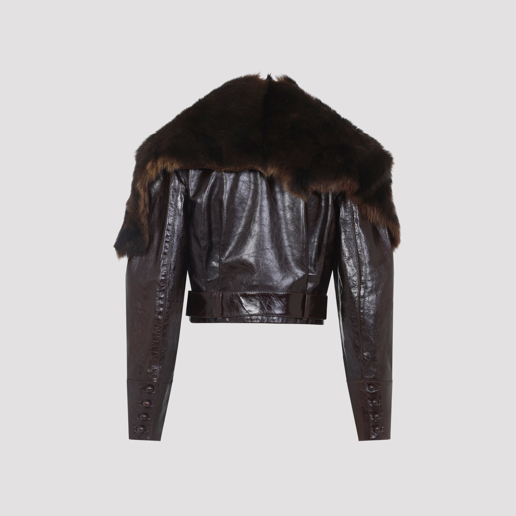 CHLOÉ Oversized Cropped Leather Jacket with Removable Fur Collar