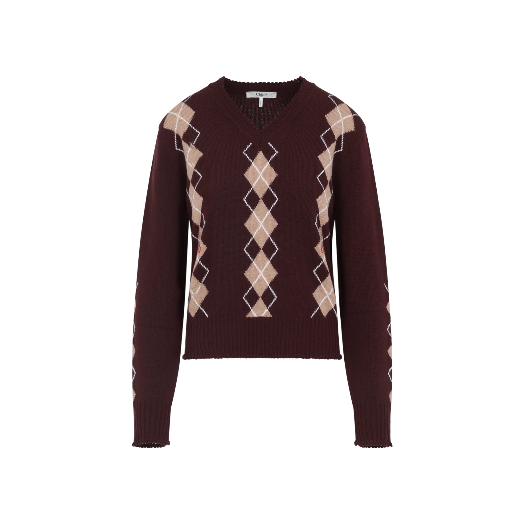 CHLOÉ V-Neck Wool Pullover with Argyle Detail