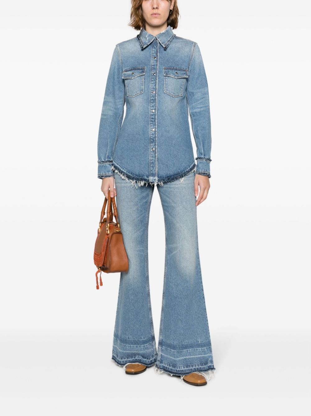 CHLOÉ Cotton Denim Shirt with Fringe Detail