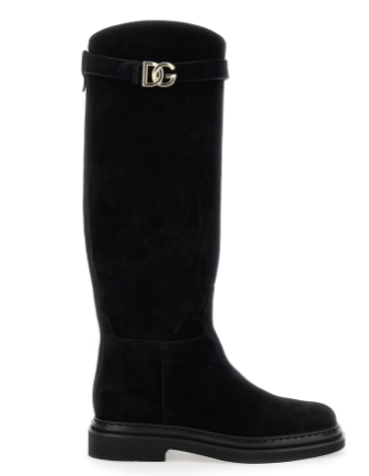 DOLCE & GABBANA Knee-High Suede Boots with Signature Embellished Strap
