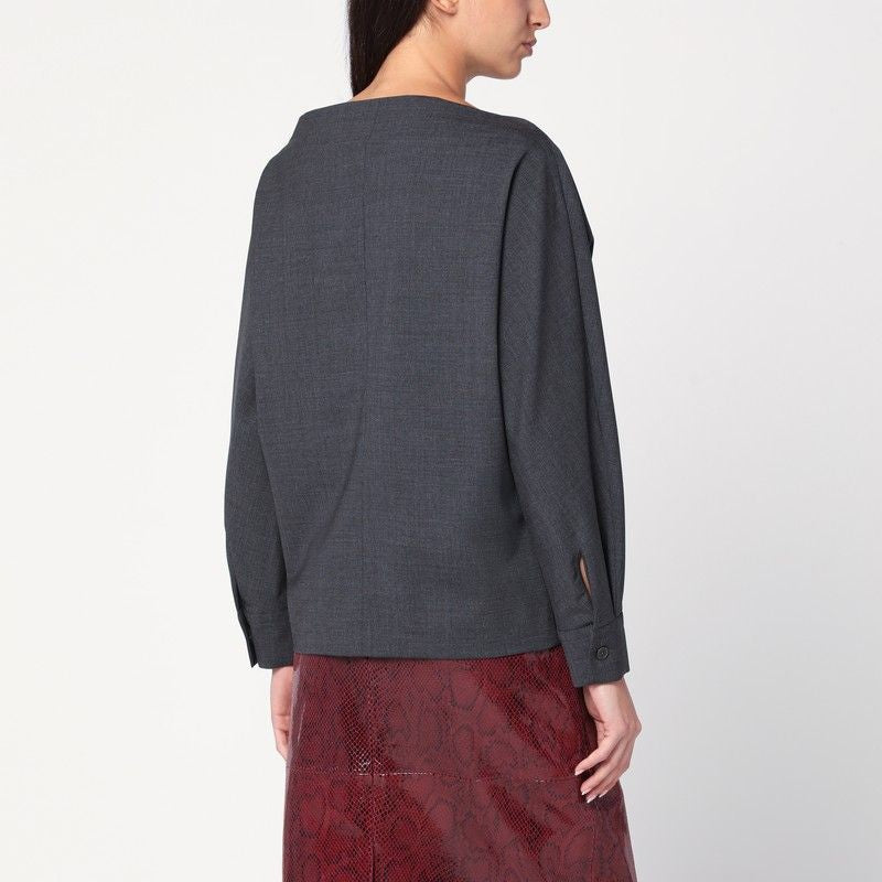 PAROSH Wool Blouse-Shirt with Boat Neckline and Buttoned Cuffs