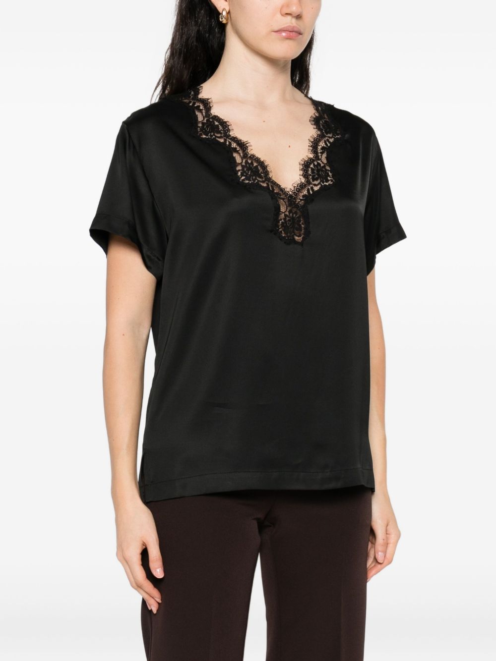ERMANNO Embroidered V-Neck T-Shirt with Lace Insert